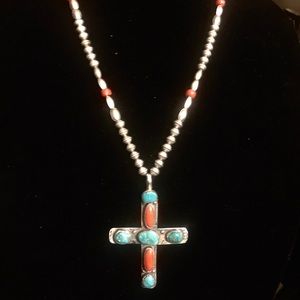 Navajo turquoise & coral cross on beads